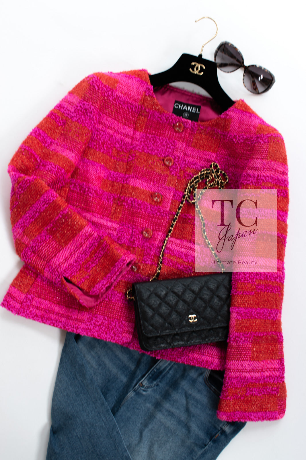 シャネル ジャケット CHANEL 01A コーラル ホット ピンク オレンジ ボーダー ツイード キャンディー 36 - TC JAPAN