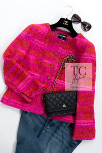 CHANEL 01C Coral Hot Pink Orange Border Tweed Candy Jacket 36 42 シャネル コーラル ホット ピンク オレンジ ボーダー ツイード キャンディー ジャケット 即発