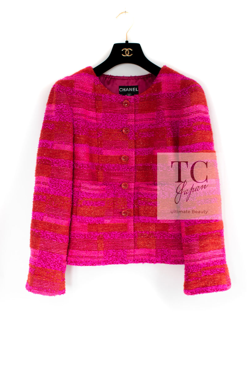 CHANEL 01C Coral Hot Pink Orange Border Tweed Candy Jacket 36 42 シャネル コーラル ホット ピンク オレンジ ボーダー ツイード キャンディー ジャケット 即発