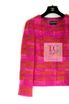 CHANEL 01C Coral Hot Pink Orange Border Tweed Candy Jacket 36 42 シャネル コーラル ホット ピンク オレンジ ボーダー ツイード キャンディー ジャケット 即発