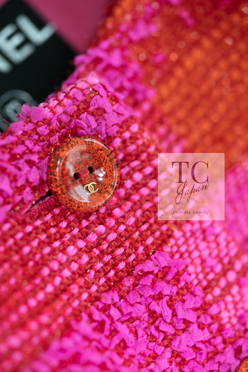 CHANEL 01C Coral Hot Pink Orange Border Tweed Candy Jacket 36 42 シャネル コーラル ホット ピンク オレンジ ボーダー ツイード キャンディー ジャケット 即発