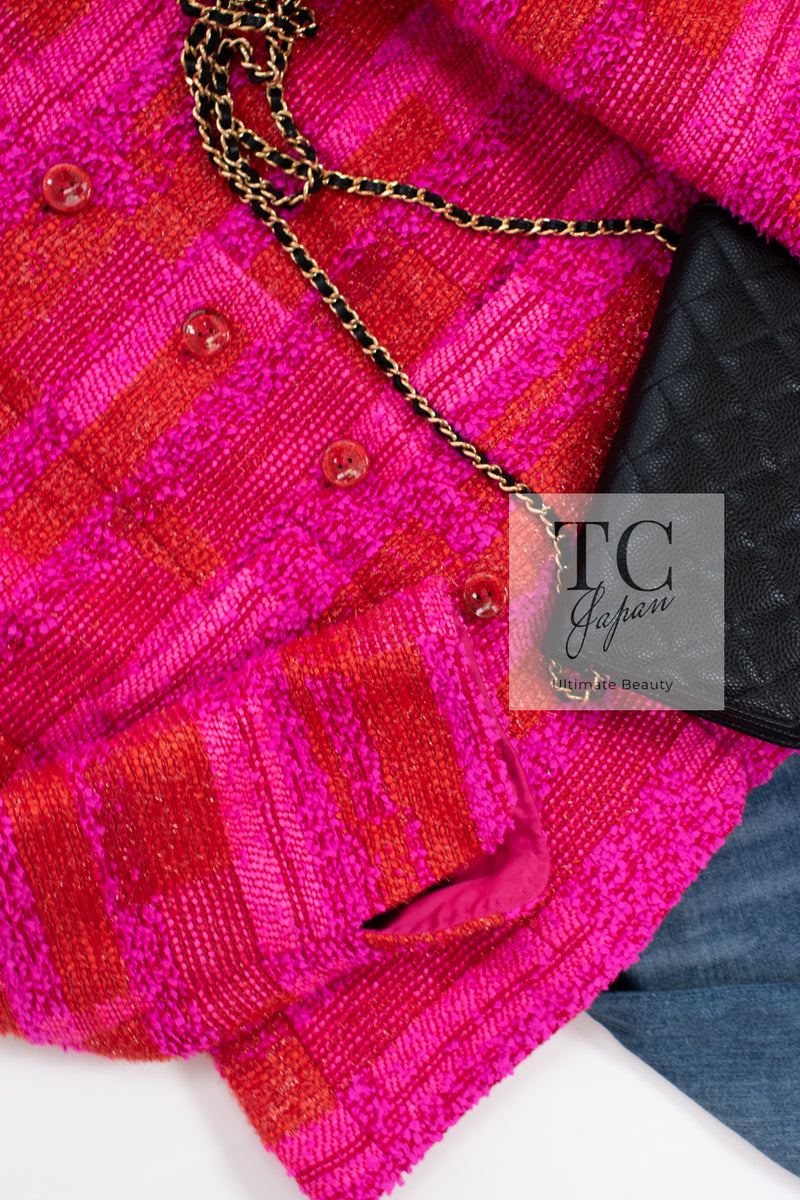 CHANEL 01C Coral Hot Pink Orange Border Tweed Candy Jacket 36 42 シャネル コーラル ホット ピンク オレンジ ボーダー ツイード キャンディー ジャケット 即発