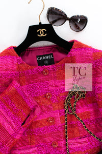 CHANEL 01C Coral Hot Pink Orange Border Tweed Candy Jacket 36 42 シャネル コーラル ホット ピンク オレンジ ボーダー ツイード キャンディー ジャケット 即発