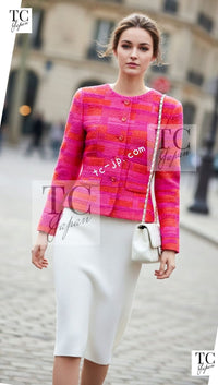 CHANEL 01C Coral Hot Pink Orange Border Tweed Candy Jacket 36 42 シャネル コーラル ホット ピンク オレンジ ボーダー ツイード キャンディー ジャケット 即発