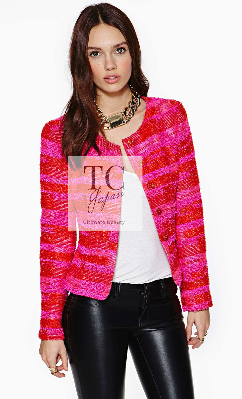 CHANEL 01C Coral Hot Pink Orange Border Tweed Candy Jacket 36 42 シャネル コーラル ホット ピンク オレンジ ボーダー ツイード キャンディー ジャケット 即発