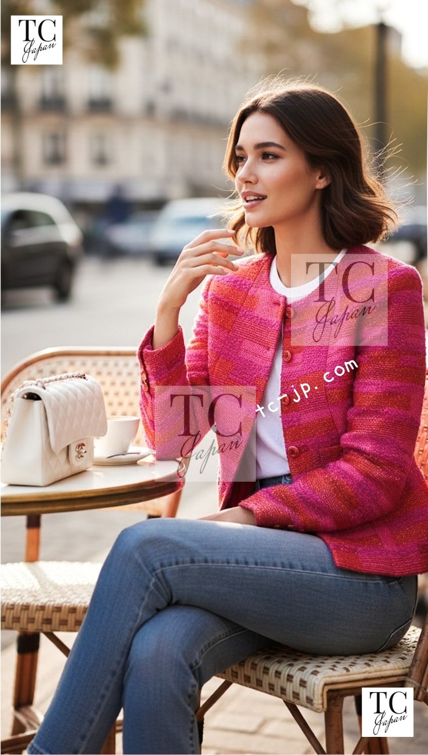 CHANEL 01C Coral Hot Pink Orange Border Tweed Candy Jacket 36 42 シャネル コーラル ホット ピンク オレンジ ボーダー ツイード キャンディー ジャケット 即発