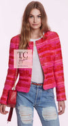 CHANEL 01C Coral Hot Pink Orange Border Tweed Candy Jacket 36 42 シャネル コーラル ホット ピンク オレンジ ボーダー ツイード キャンディー ジャケット 即発