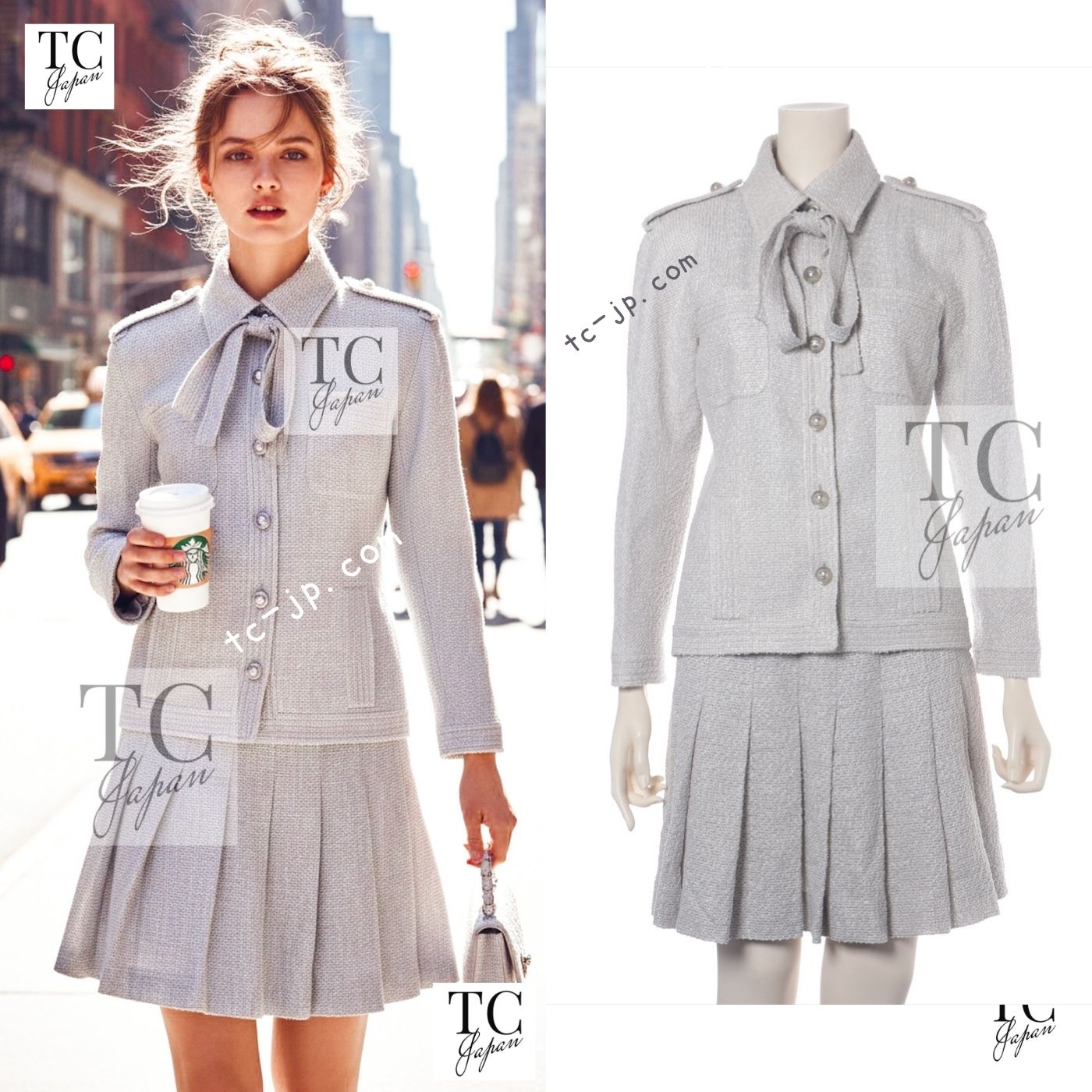 CHANEL 16S Light Gray Ribbon Tweed Jacket Skirt Set up 38 シャネル ライトグレー リボン ツイード ジャケット スカート セットアップ 女優ソン・ヘギョ クリステン・スチュワート着 即発