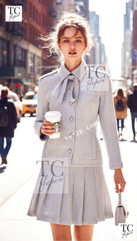 CHANEL 16S Light Gray Ribbon Tweed Jacket Skirt Set up 38 シャネル ライトグレー リボン ツイード ジャケット スカート セットアップ 女優ソン・ヘギョ クリステン・スチュワート着 即発