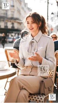 CHANEL 16S Light Gray Ribbon Tweed Jacket Skirt Set up 38 シャネル ライトグレー リボン ツイード ジャケット スカート セットアップ 女優ソン・ヘギョ クリステン・スチュワート着 即発