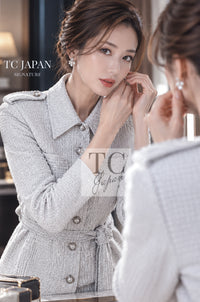 CHANEL 16S Light Gray Ribbon Tweed Jacket Skirt Set up 38 11