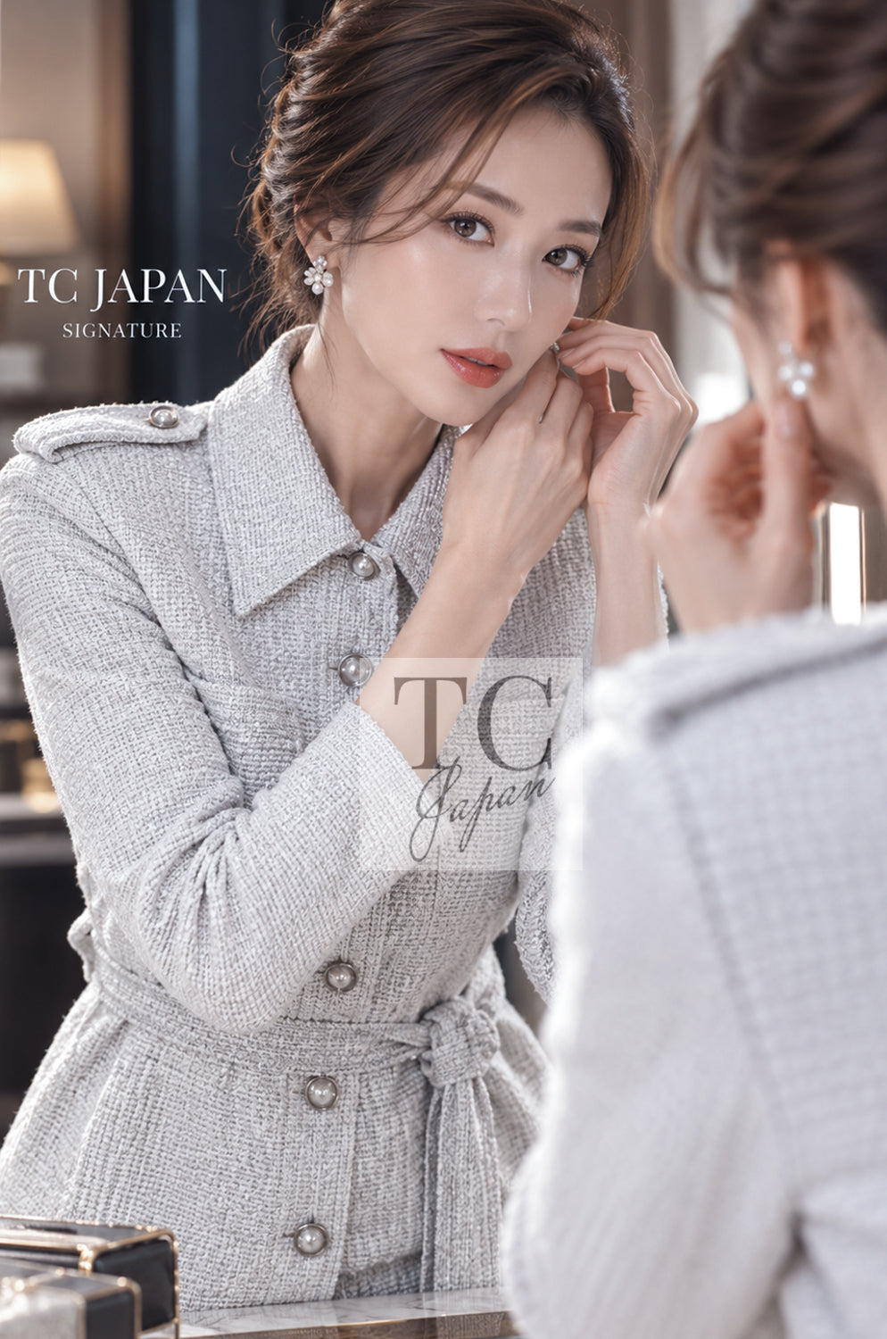 CHANEL 16S Light Gray Ribbon Tweed Jacket Skirt Set up 38 11