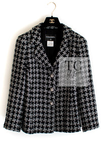 CHANEL 10S Black White Cotton Silk CC Pearl Buttons Tweed Jacket 40 シャネル ブラック ホワイト コットン シルク CC パール ココボタン ツイード ジャケット 即発