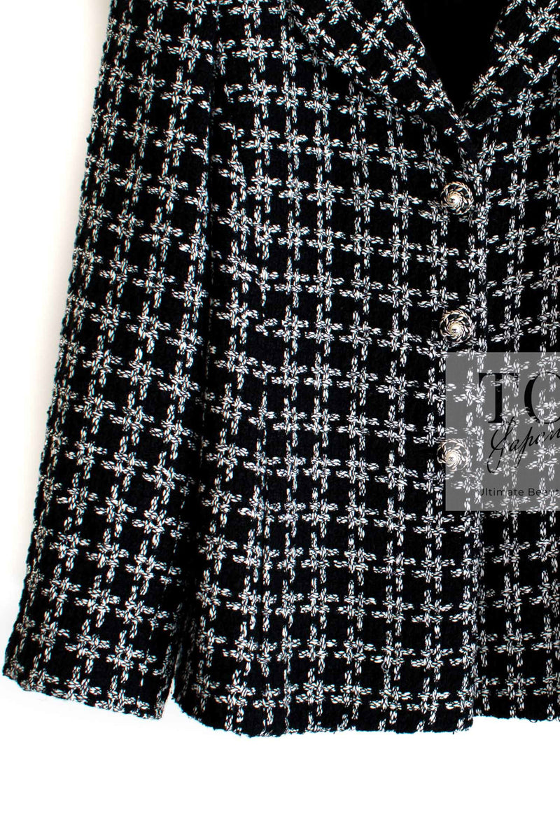 CHANEL 10S Black White Cotton Silk CC Pearl Buttons Tweed Jacket 40 シャネル ブラック ホワイト コットン シルク CC パール ココボタン ツイード ジャケット 即発