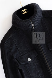 CHANEL 03A Dark Gray Cotton Denim KATE MOSS Knit Collar Front Zipper Jacket 38 シャネル ダーク グレー コットン デニム ニット 襟 フロント ジッパー ジャケット 即発