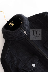 CHANEL 03A Dark Gray Cotton Denim KATE MOSS Knit Collar Front Zipper Jacket 38 シャネル ダーク グレー コットン デニム ニット 襟 フロント ジッパー ジャケット 即発