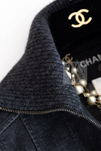 CHANEL 03A Dark Gray Cotton Denim KATE MOSS Knit Collar Front Zipper Jacket 38 シャネル ダーク グレー コットン デニム ニット 襟 フロント ジッパー ジャケット 即発