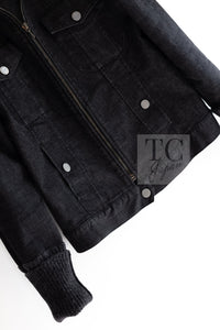 CHANEL 03A Dark Gray Cotton Denim KATE MOSS Knit Collar Front Zipper Jacket 38 シャネル ダーク グレー コットン デニム ニット 襟 フロント ジッパー ジャケット 即発