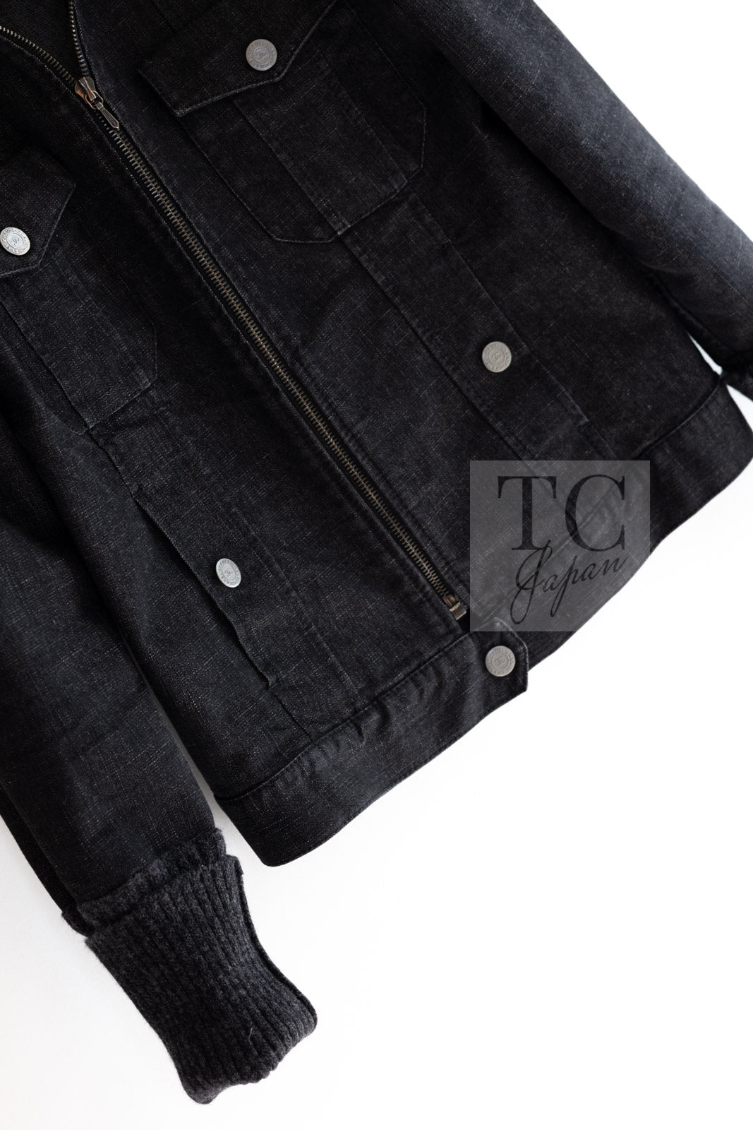 CHANEL 03A Dark Gray Cotton Denim KATE MOSS Knit Collar Front Zipper Jacket 38 シャネル ダーク グレー コットン デニム ニット 襟 フロント ジッパー ジャケット 即発