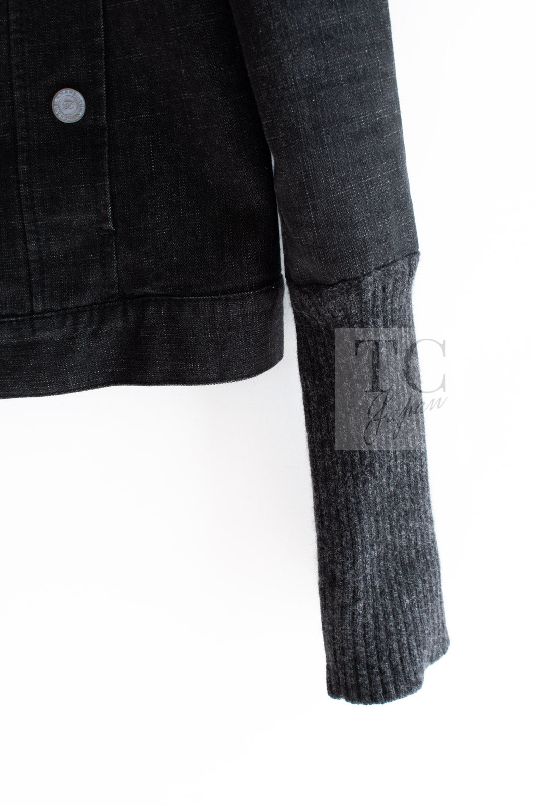 CHANEL 03A Dark Gray Cotton Denim KATE MOSS Knit Collar Front Zipper Jacket 38 シャネル ダーク グレー コットン デニム ニット 襟 フロント ジッパー ジャケット 即発