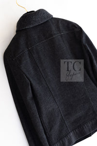 CHANEL 03A Dark Gray Cotton Denim KATE MOSS Knit Collar Front Zipper Jacket 38 シャネル ダーク グレー コットン デニム ニット 襟 フロント ジッパー ジャケット 即発
