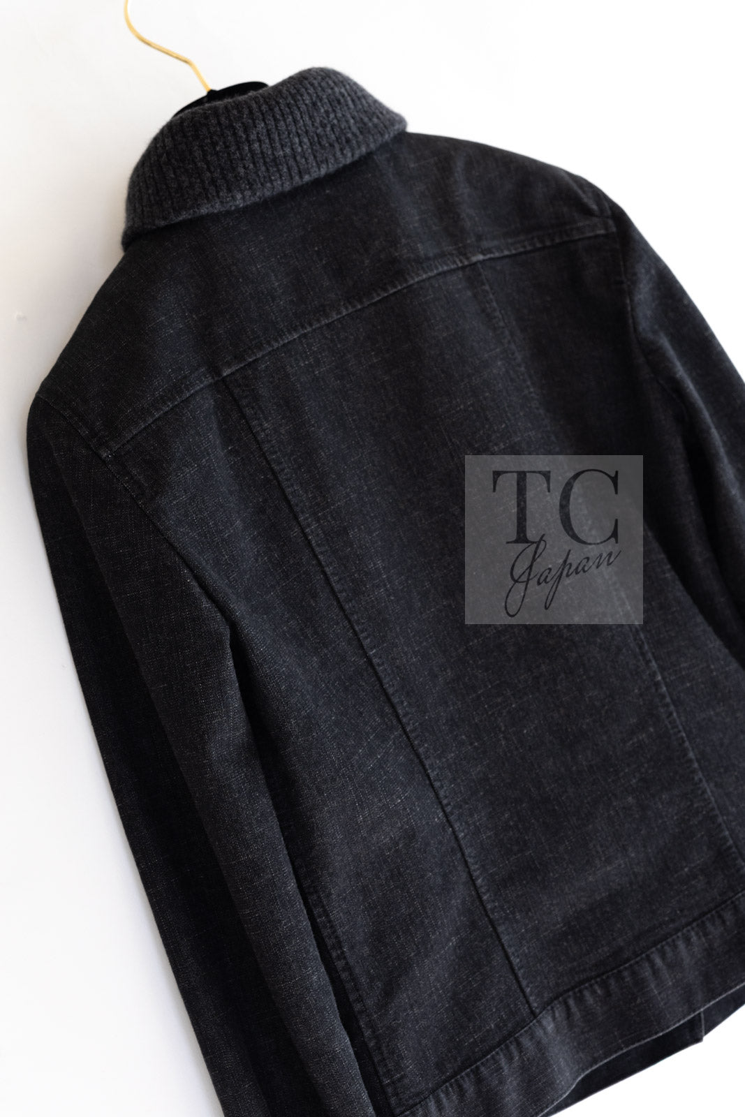 CHANEL 03A Dark Gray Cotton Denim KATE MOSS Knit Collar Front Zipper Jacket 38 シャネル ダーク グレー コットン デニム ニット 襟 フロント ジッパー ジャケット 即発