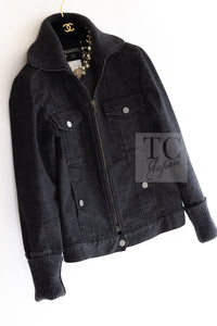 CHANEL 03A Dark Gray Cotton Denim KATE MOSS Knit Collar Front Zipper Jacket 38 シャネル ダーク グレー コットン デニム ニット 襟 フロント ジッパー ジャケット 即発