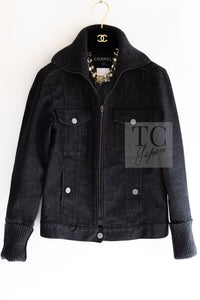 CHANEL 03A Dark Gray Cotton Denim KATE MOSS Knit Collar Front Zipper Jacket 38 シャネル ダーク グレー コットン デニム ニット 襟 フロント ジッパー ジャケット 即発