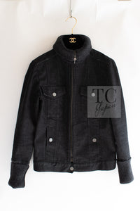 CHANEL 03A Dark Gray Cotton Denim KATE MOSS Knit Collar Front Zipper Jacket 38 シャネル ダーク グレー コットン デニム ニット 襟 フロント ジッパー ジャケット 即発