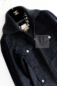 CHANEL 03A Dark Gray Cotton Denim KATE MOSS Knit Collar Front Zipper Jacket 38 シャネル ダーク グレー コットン デニム ニット 襟 フロント ジッパー ジャケット 即発