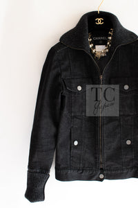 CHANEL 03A Dark Gray Cotton Denim KATE MOSS Knit Collar Front Zipper Jacket 38 シャネル ダーク グレー コットン デニム ニット 襟 フロント ジッパー ジャケット 即発