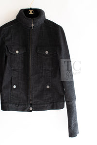 CHANEL 03A Dark Gray Cotton Denim KATE MOSS Knit Collar Front Zipper Jacket 38 シャネル ダーク グレー コットン デニム ニット 襟 フロント ジッパー ジャケット 即発