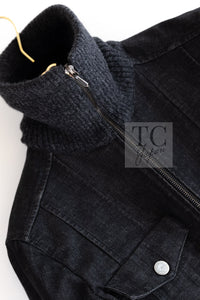 CHANEL 03A Dark Gray Cotton Denim KATE MOSS Knit Collar Front Zipper Jacket 38 シャネル ダーク グレー コットン デニム ニット 襟 フロント ジッパー ジャケット 即発