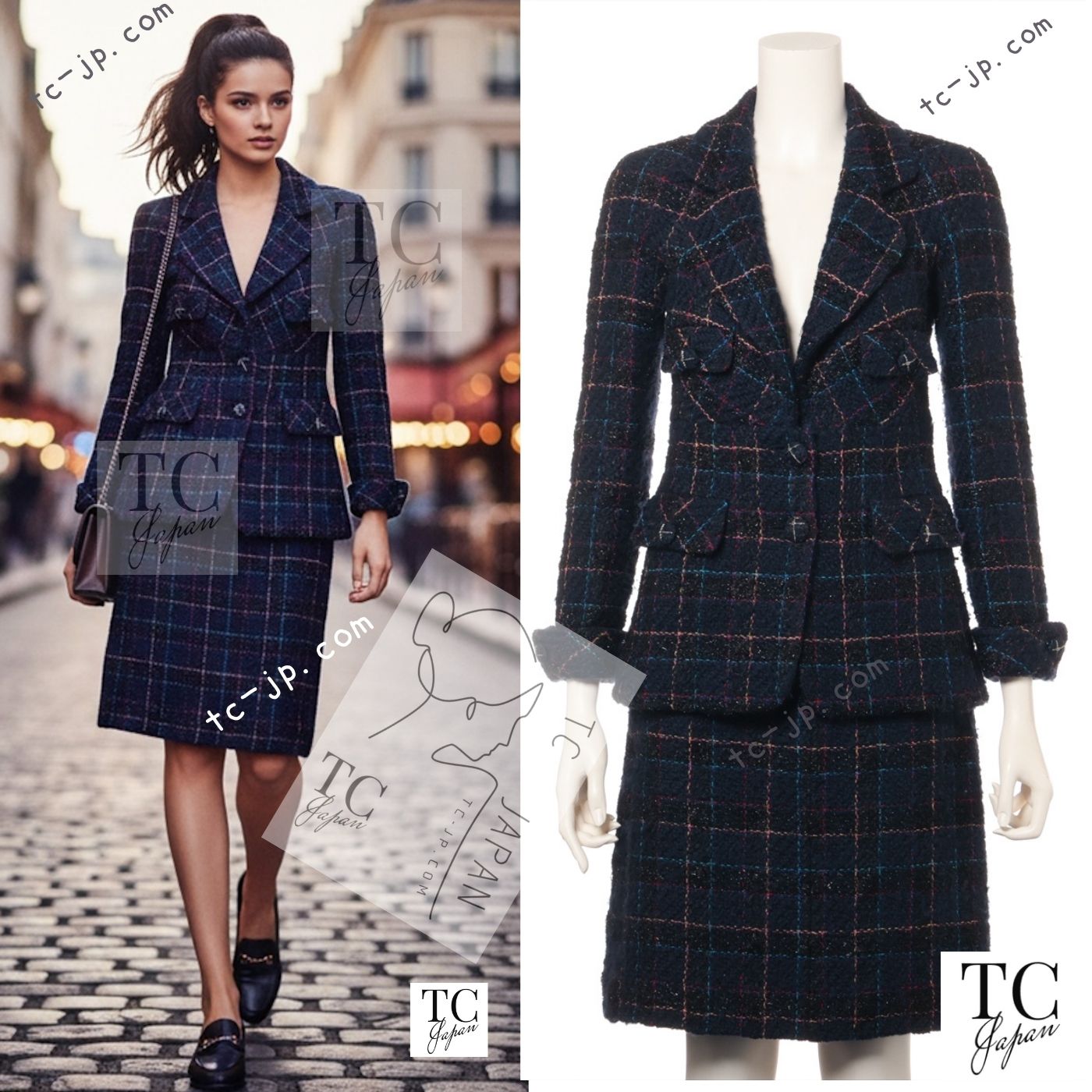CHANEL 07A Dark Navy Multicolor Tweed Jacket Skirt Suit 34 シャネル ダーク ネイビー マルチカラー ツイード ジャケット スカート スーツ 即発
