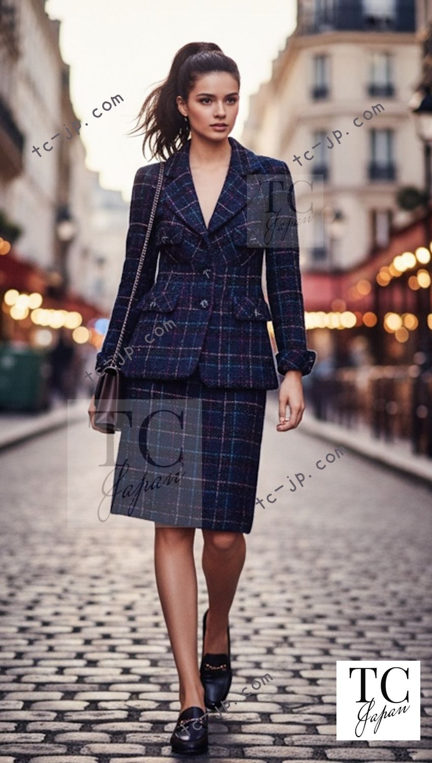CHANEL 07A Dark Navy Multicolor Tweed Jacket Skirt Suit 34 シャネル ダーク ネイビー マルチカラー ツイード ジャケット スカート スーツ 即発