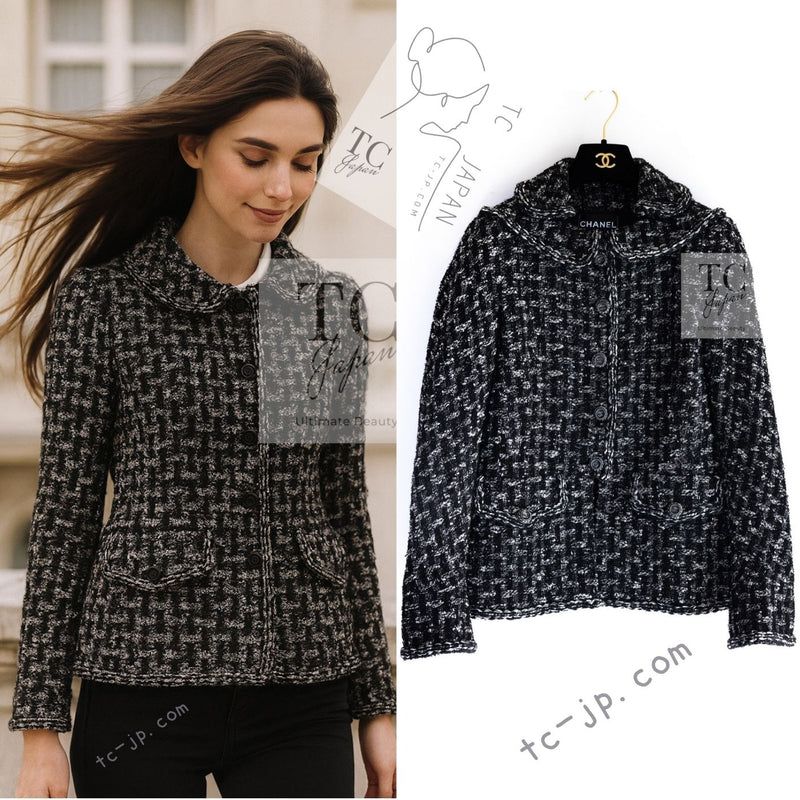 CHANEL 13B Black Gray Peter Pan Collar Wool Tweed Jacket 36 38 シャネル ブラック グレー ピーターパン襟 ウール ツイード ジャケット 即発