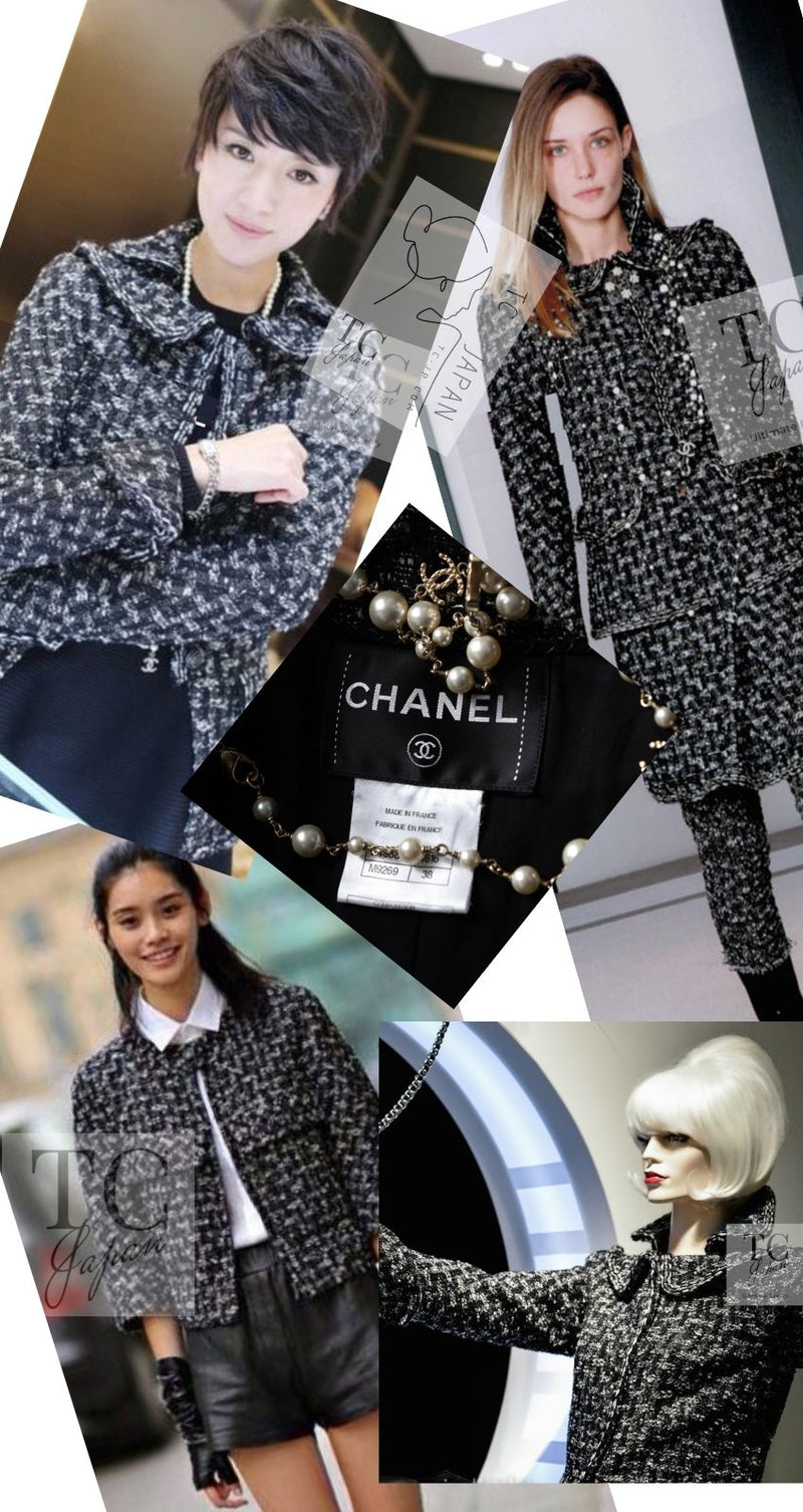 CHANEL 13B Black Gray Peter Pan Collar Wool Tweed Jacket 36 38 シャネル ブラック グレー ピーターパン襟 ウール ツイード ジャケット 即発