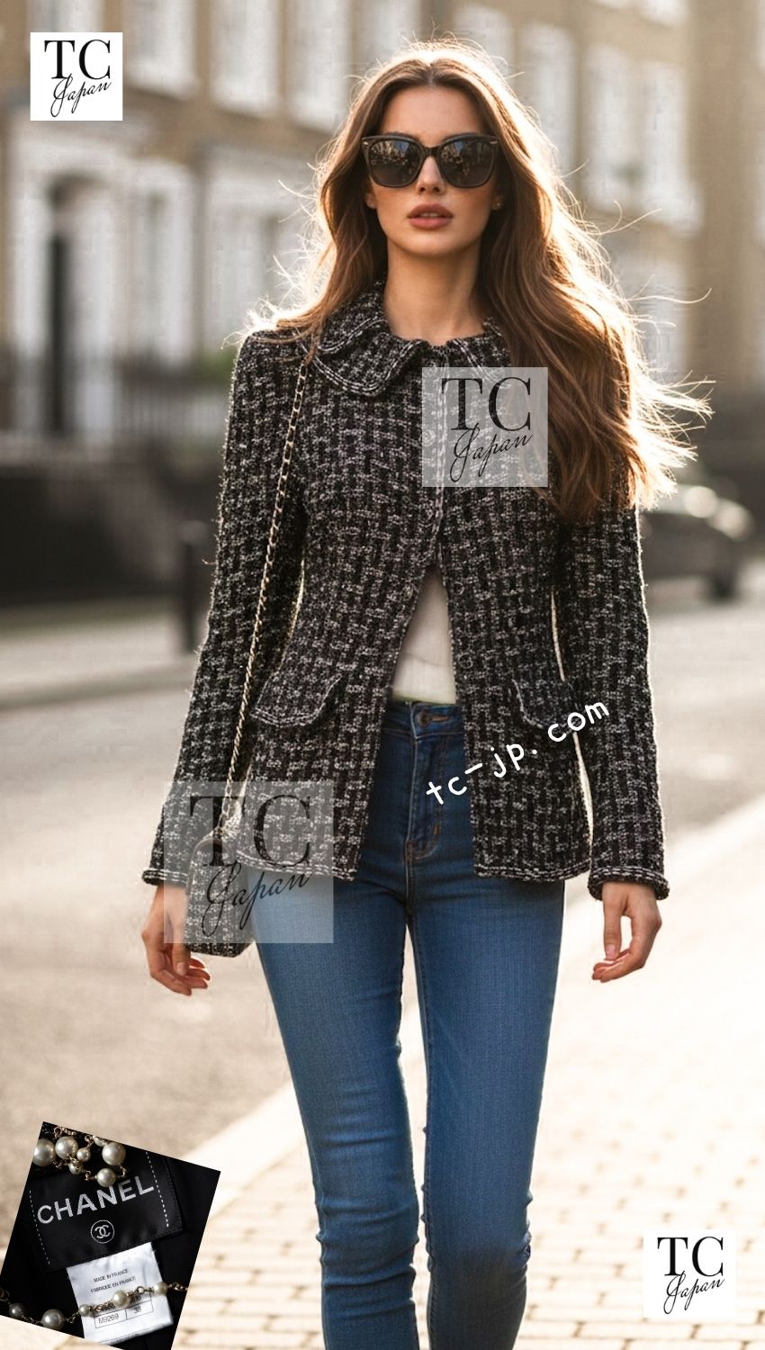 CHANEL 13B Black Gray Peter Pan Collar Wool Tweed Jacket 36 38 シャネル ブラック グレー ピーターパン襟 ウール ツイード ジャケット 即発