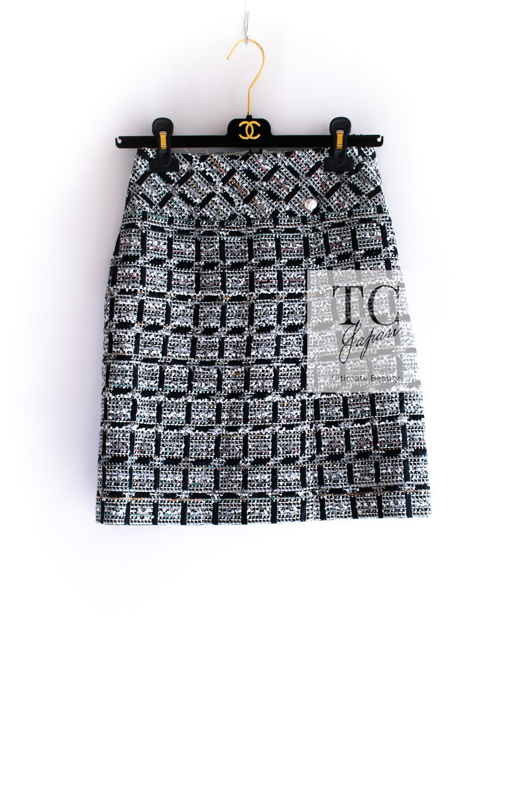 CHANEL 16S Metallic Ivory Black Tweed Skirt 40 シャネル メタリック アイボリー ブラック ツイード スカート 即発