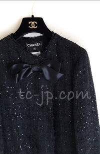 CHANEL Jacket 07S Black Collarless Sequin Bow Tweed 34 36 12