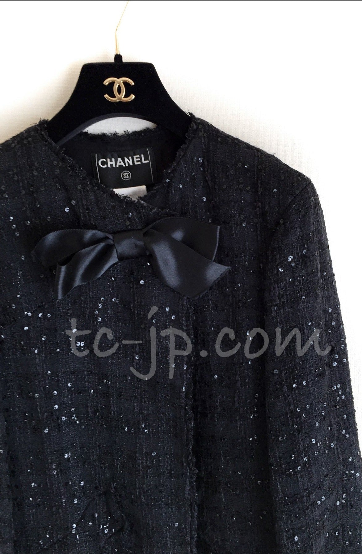 CHANEL Jacket 07S Black Collarless Sequin Bow Tweed 34 36 12
