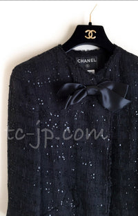 CHANEL Jacket 07S Black Collarless Sequin Bow Tweed 34 36 11
