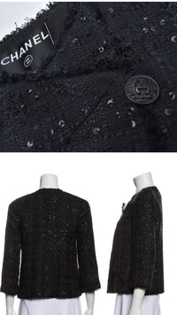 CHANEL Jacket 07S Black Collarless Sequin Bow Tweed 34 36 9