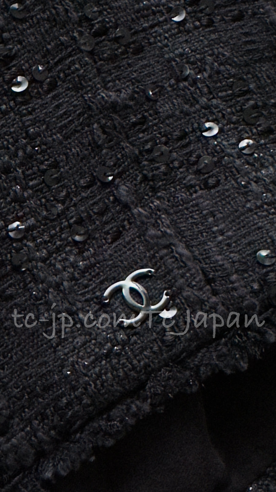 シャネル ジャケット CHANEL 07S ブラック ノーカラー スパンコール コットン リボン 34 36