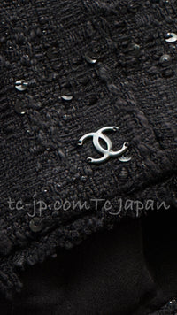 シャネル ジャケット CHANEL 07S ブラック ノーカラー スパンコール コットン リボン 34 36