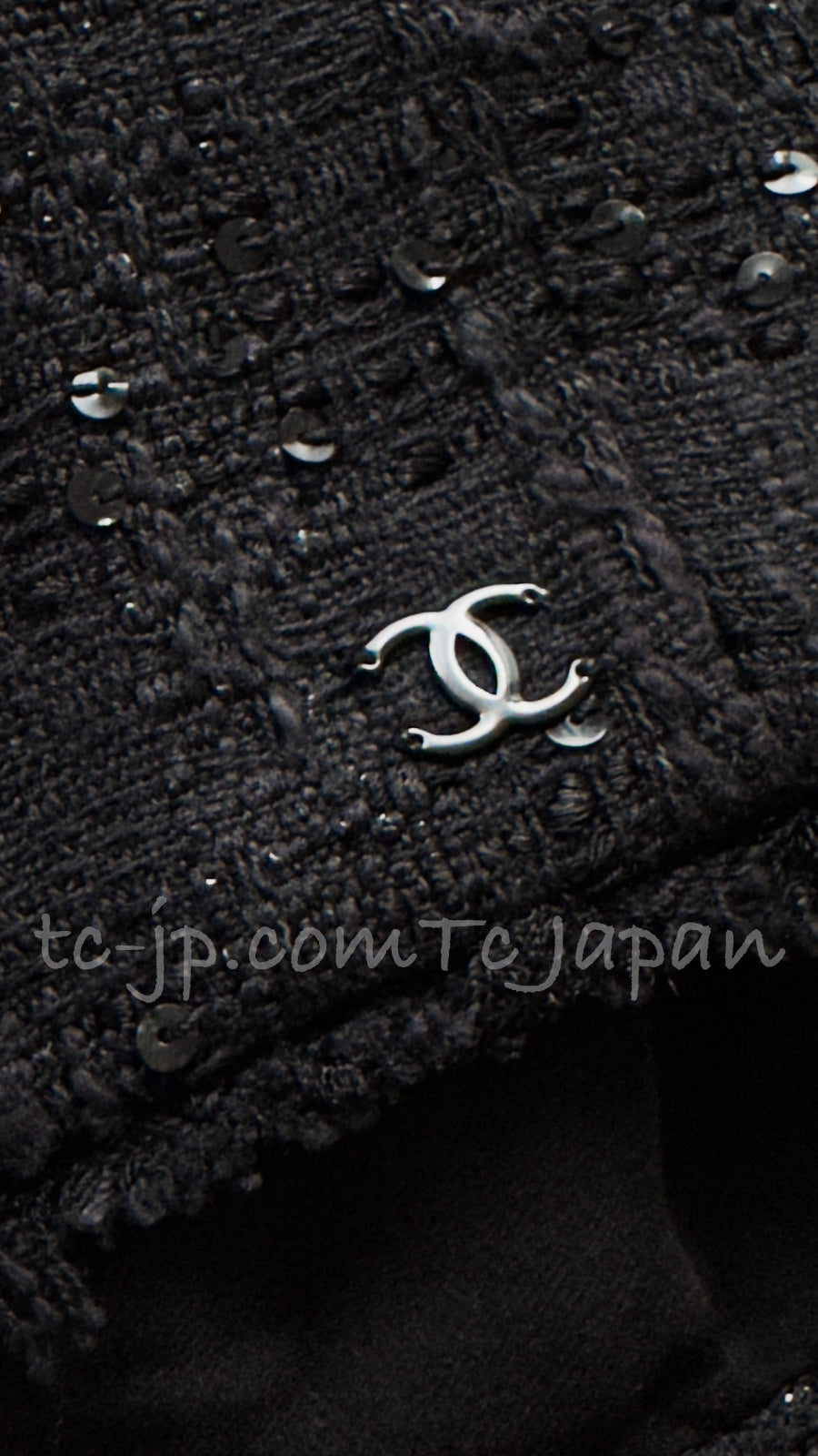 シャネル ジャケット CHANEL 07S ブラック ノーカラー スパンコール コットン リボン 34 36