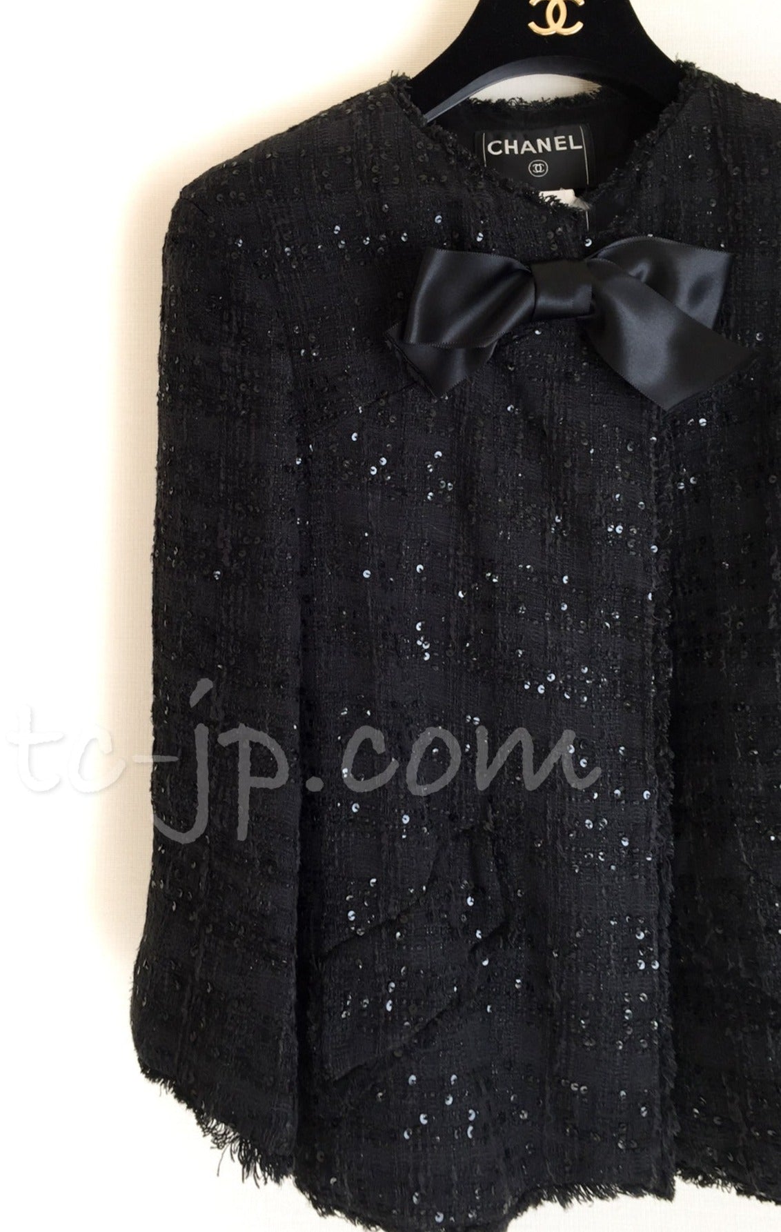 CHANEL Jacket 07S Black Collarless Sequin Bow Tweed 34 36 4