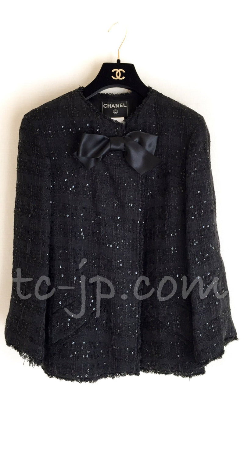 CHANEL Jacket 07S Black Collarless Sequin Bow Tweed 34 36 2