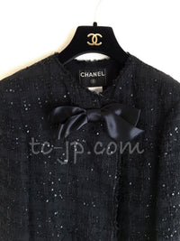 CHANEL Jacket 07S Black Collarless Sequin Bow Tweed 34 36 3
