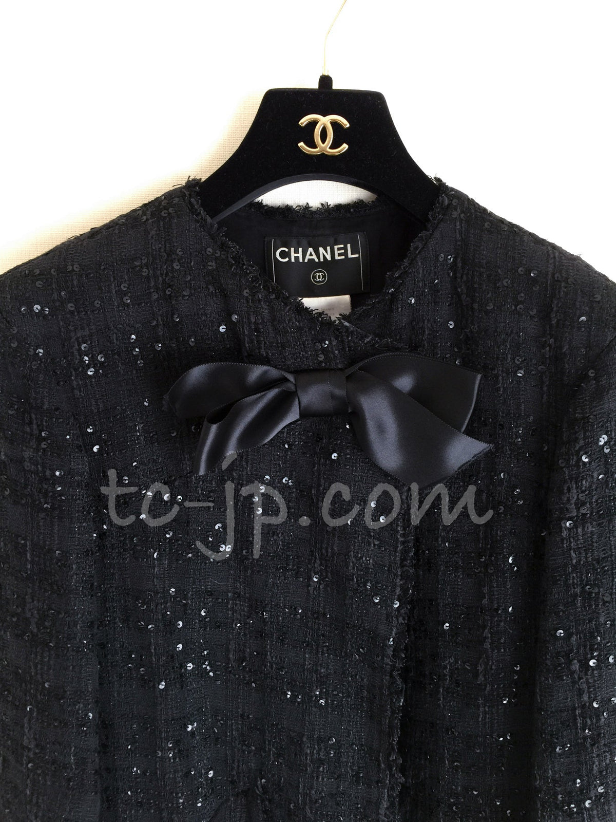 CHANEL Jacket 07S Black Collarless Sequin Bow Tweed 34 36 3